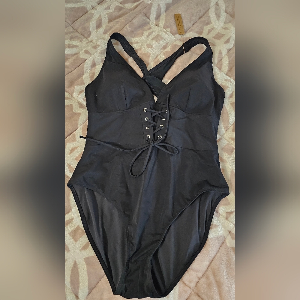 Elegant Black Lace-Up Women's One Piece Swimsuit Corset style XXL Shapellx
